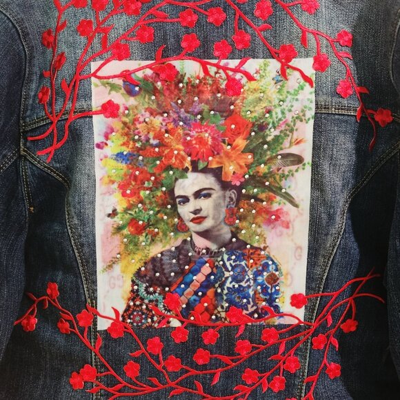 Frida Kahlo Floral Upcycled Custom Denim Jacket, Size 16 - Picture 3 of 7